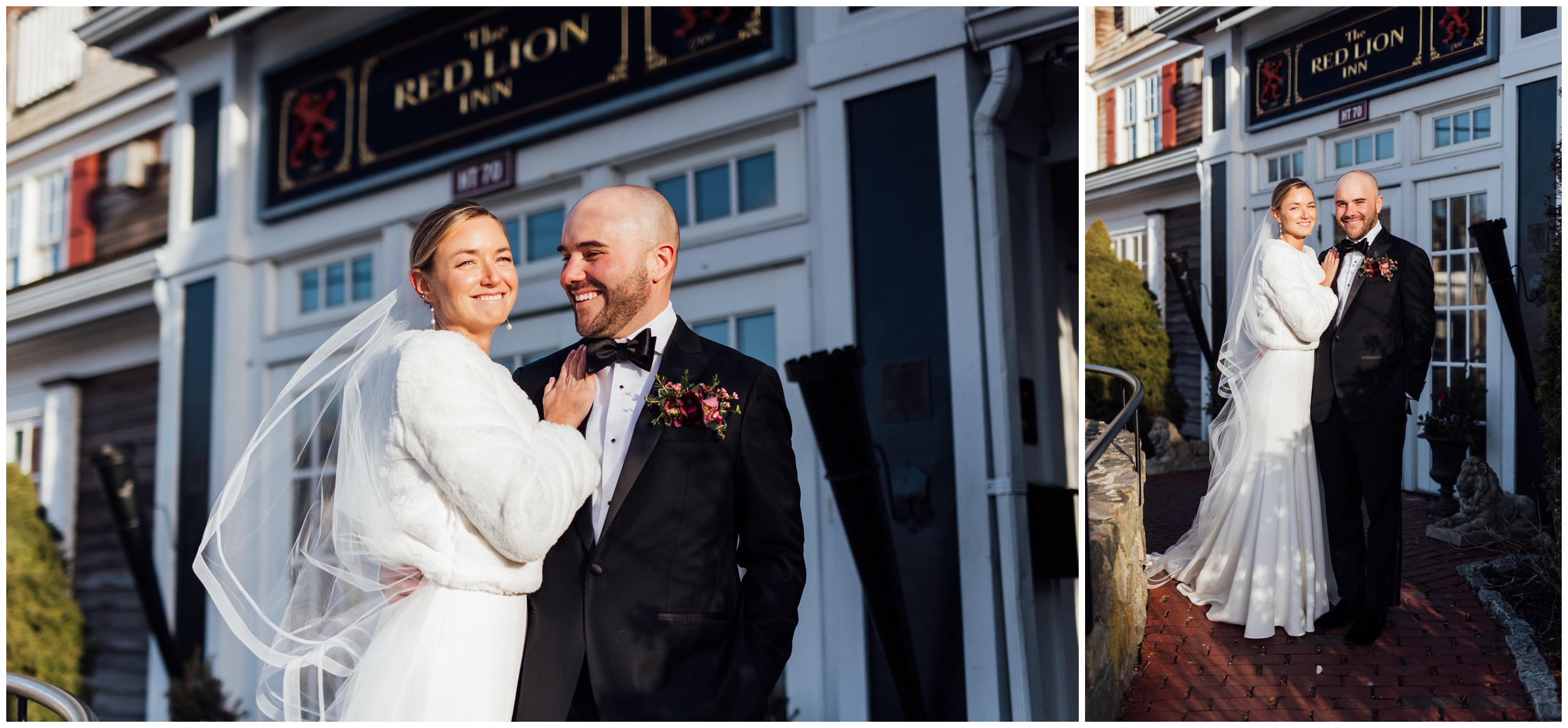 Bride and groom portrait outside Red Lion Inn in Cohasset MA winter wedding